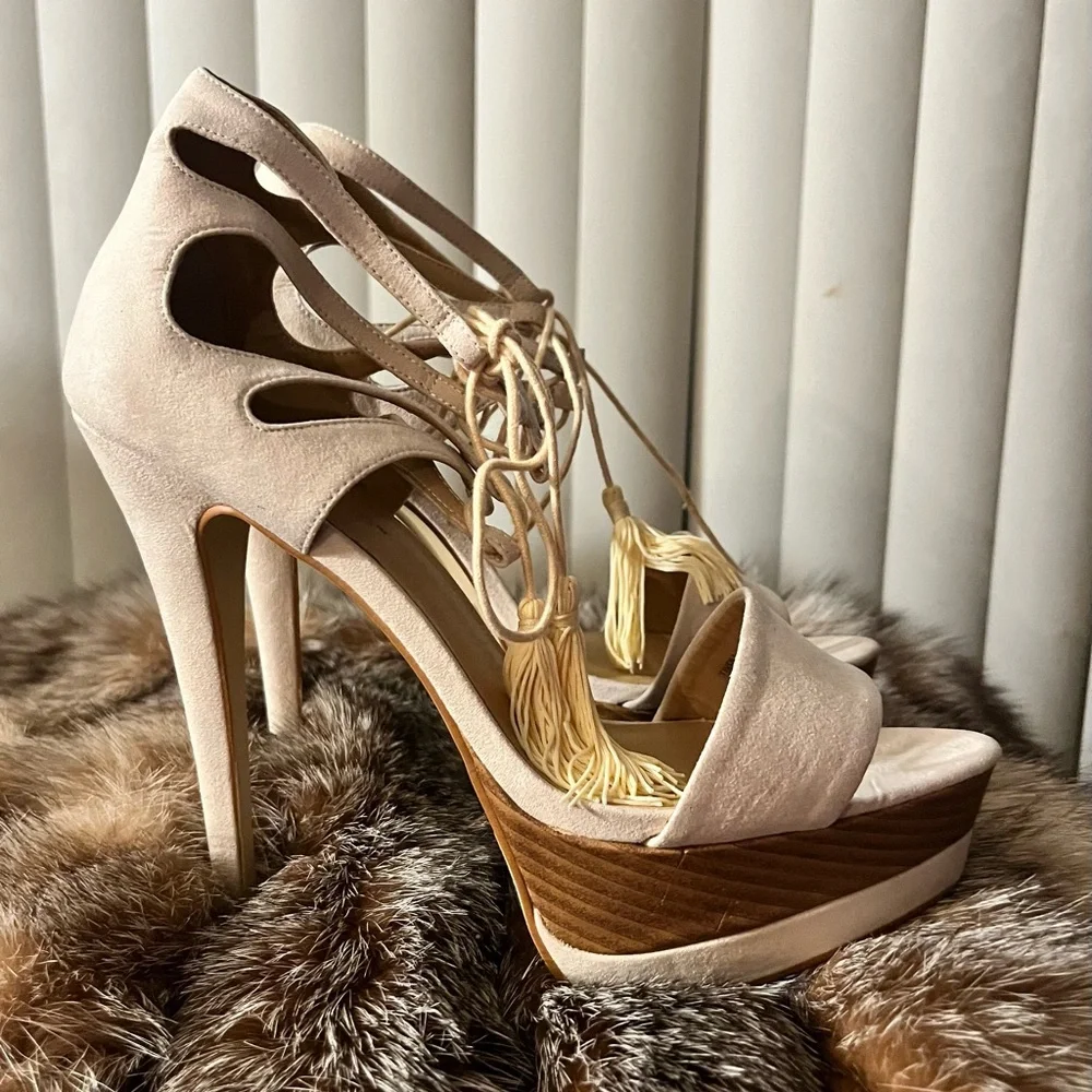 JustFab Nude Lace-Up Platform Heels - Picture 3 of 5